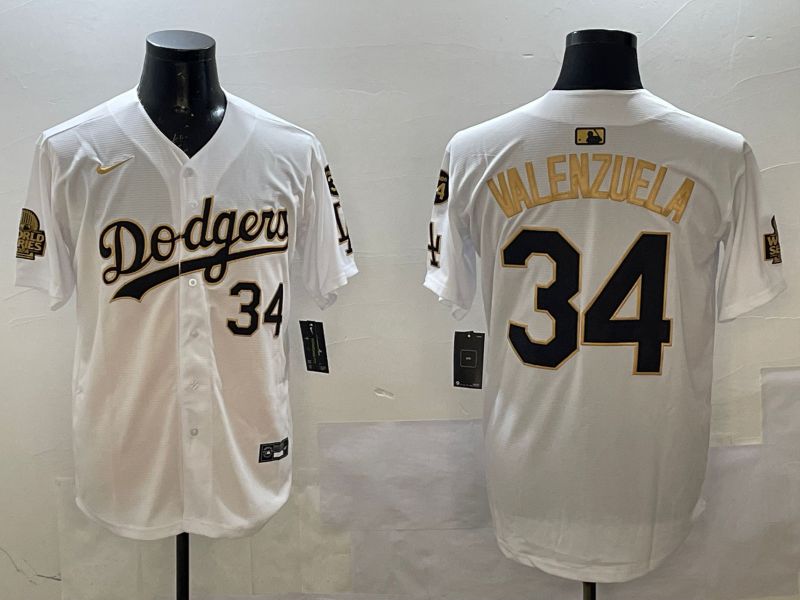 Men Los Angeles Dodgers #34 Valenzuela White gold Fashion 2025 Nike MLB Jersey style 1